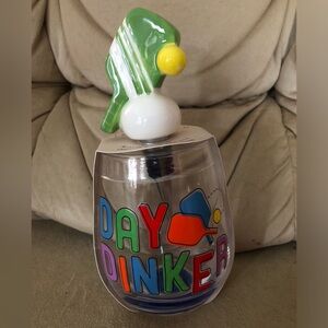 Cute Pickleball Themed Stemless Wine Glass With Ceramic Bottle Stopper